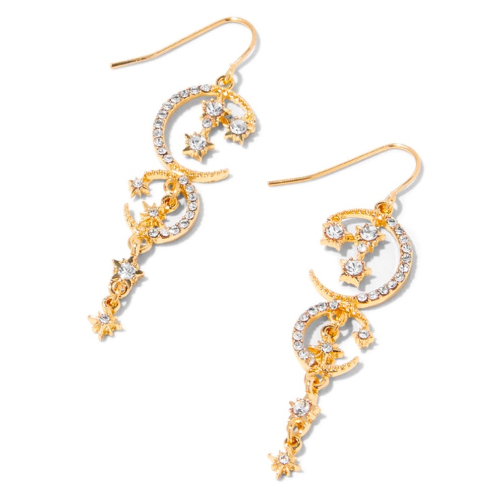 Gold Opal Starburst Moon 2" Drop Earrings - NWT